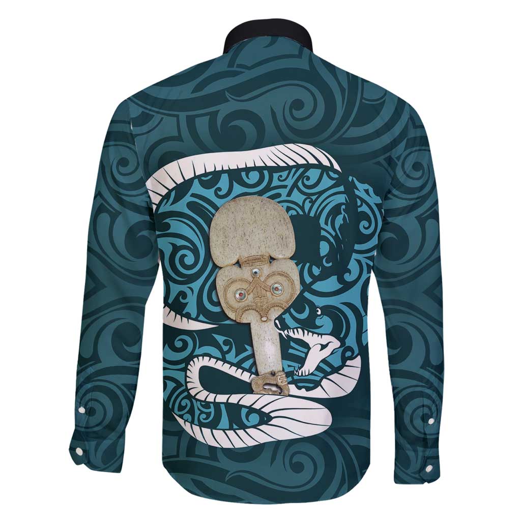 Turquoise New Zealand Eel Family Matching Off Shoulder Maxi Dress and Hawaiian Shirt Aotearoa Maori Tuna With Kotiate Weapon LT14 - Polynesian Pride