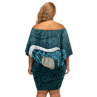 Turquoise New Zealand Eel Family Matching Off Shoulder Short Dress and Hawaiian Shirt Aotearoa Maori Tuna With Kotiate Weapon