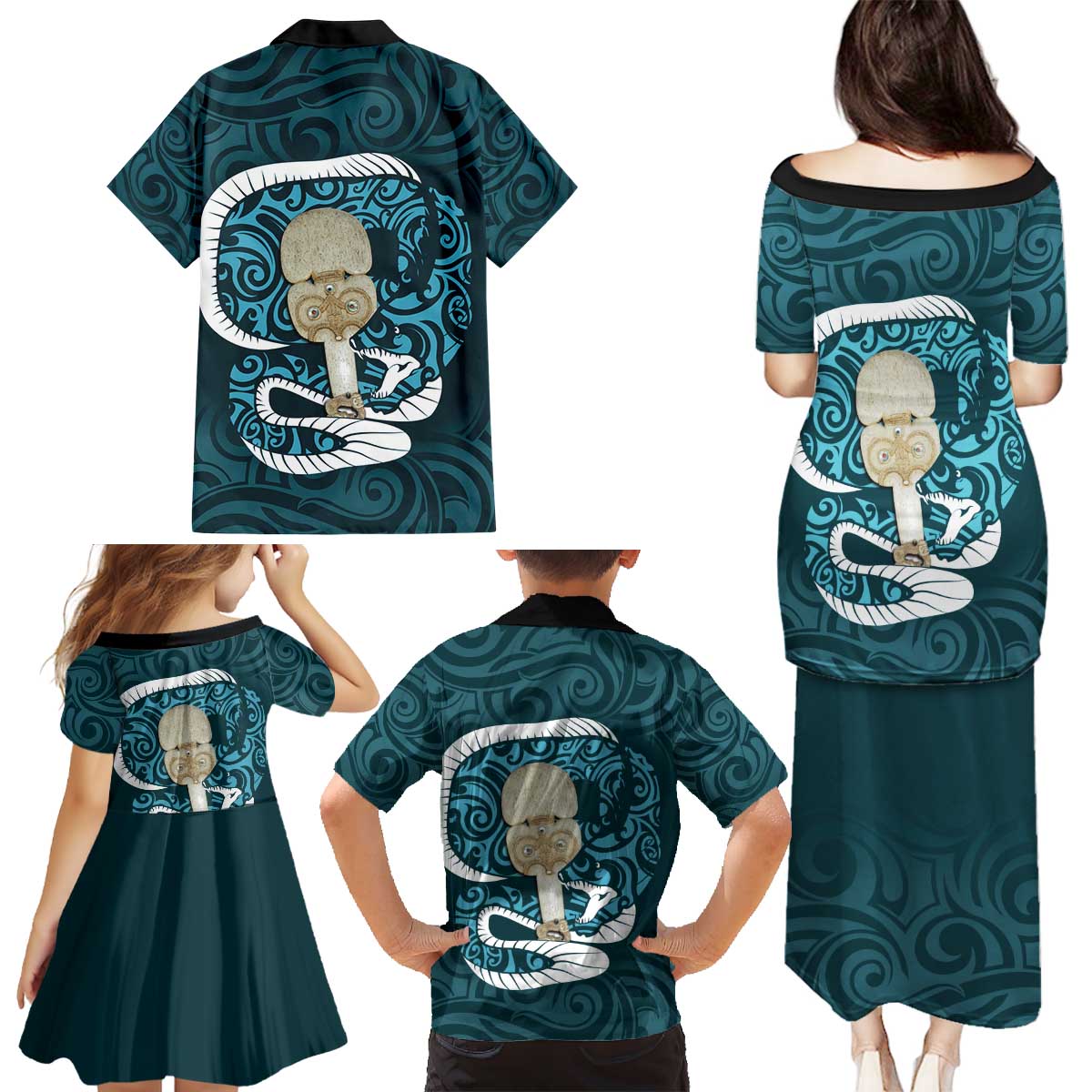Turquoise New Zealand Eel Family Matching Puletasi and Hawaiian Shirt Aotearoa Maori Tuna With Kotiate Weapon LT14 - Polynesian Pride