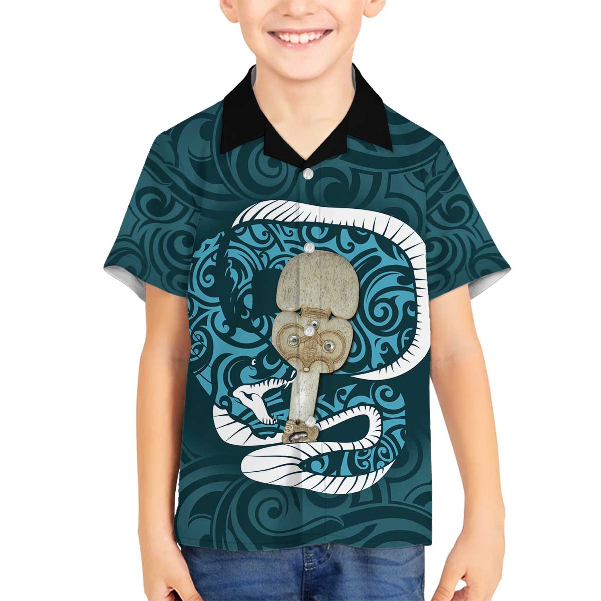 Turquoise New Zealand Eel Family Matching Puletasi and Hawaiian Shirt Aotearoa Maori Tuna With Kotiate Weapon LT14 Son's Shirt Turquoise - Polynesian Pride