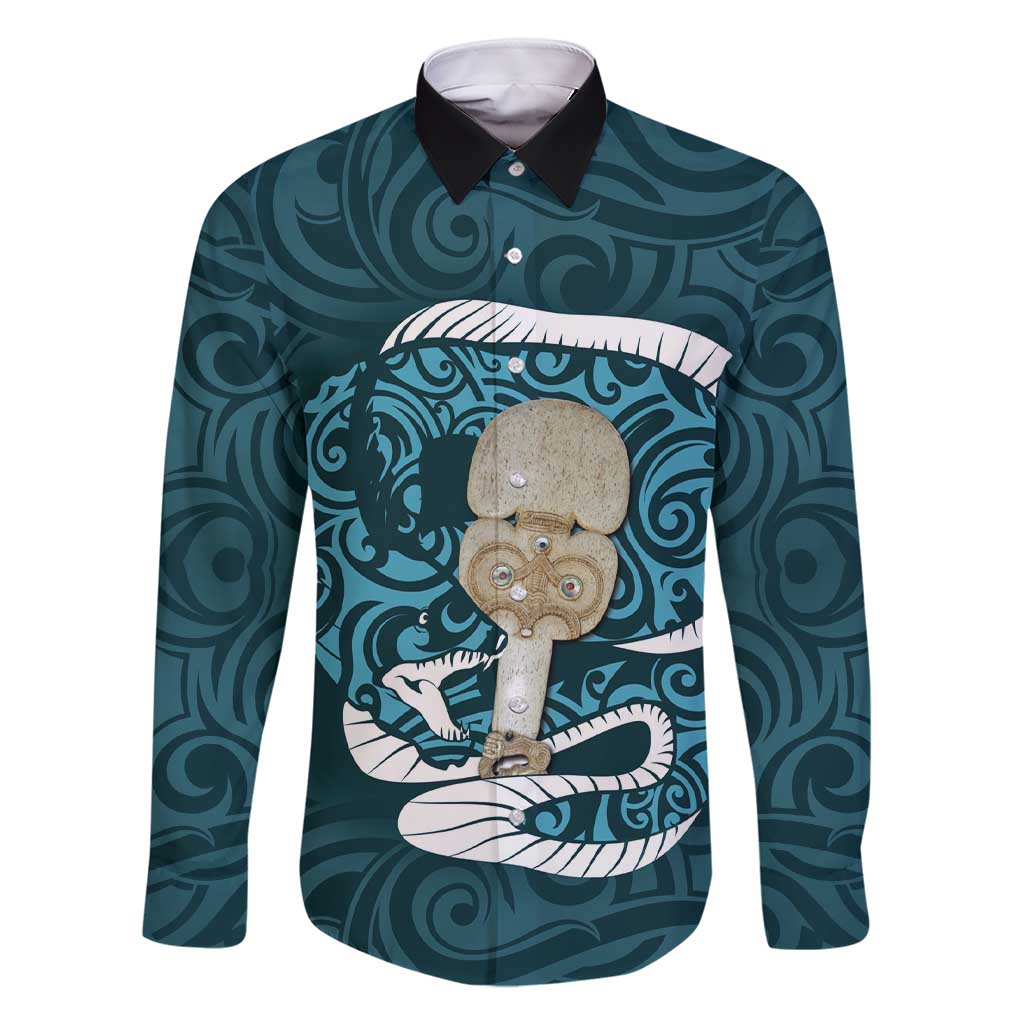 Turquoise New Zealand Eel Family Matching Short Sleeve Bodycon Dress and Hawaiian Shirt Aotearoa Maori Tuna With Kotiate Weapon LT14 Dad's Shirt - Long Sleeve Turquoise - Polynesian Pride