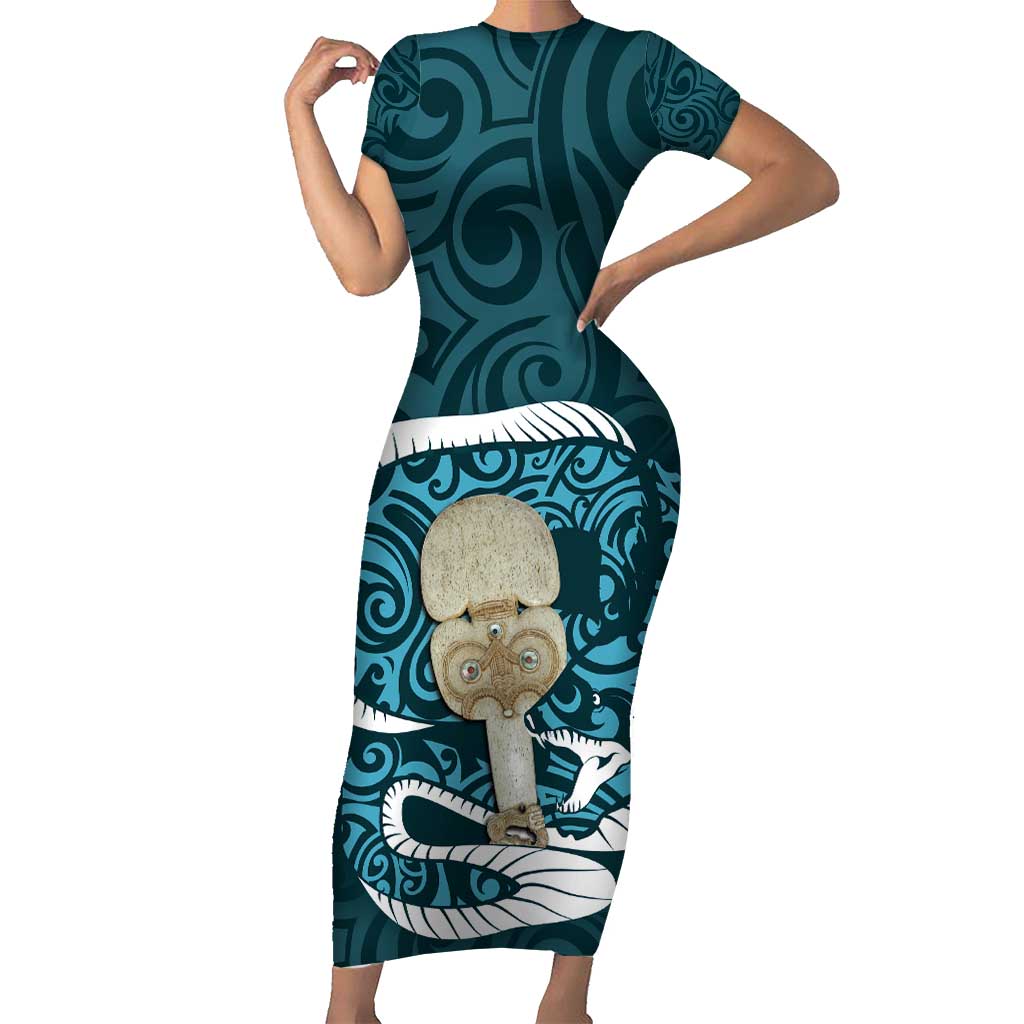 Turquoise New Zealand Eel Family Matching Short Sleeve Bodycon Dress and Hawaiian Shirt Aotearoa Maori Tuna With Kotiate Weapon LT14 Mom's Dress Turquoise - Polynesian Pride