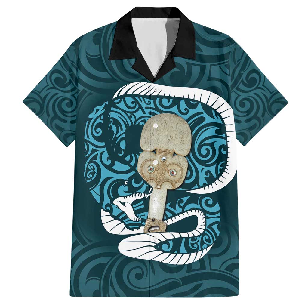 Turquoise New Zealand Eel Hawaiian Shirt Aotearoa Maori Tuna With Kotiate Weapon