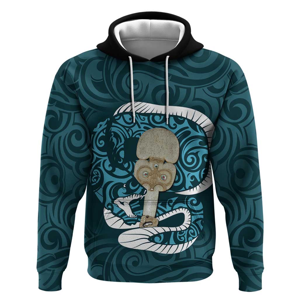 Turquoise New Zealand Eel Hoodie Aotearoa Maori Tuna With Kotiate Weapon