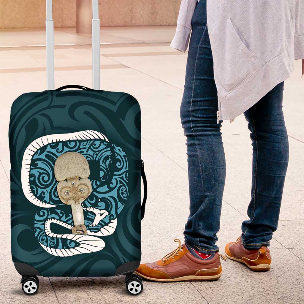 Turquoise New Zealand Eel Luggage Cover Aotearoa Maori Tuna With Kotiate Weapon