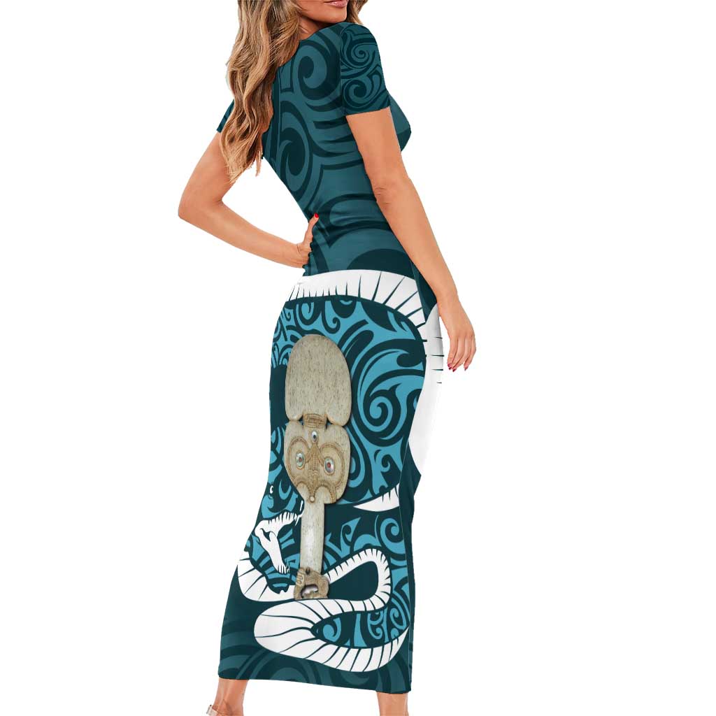 Turquoise New Zealand Eel Short Sleeve Bodycon Dress Aotearoa Maori Tuna With Kotiate Weapon