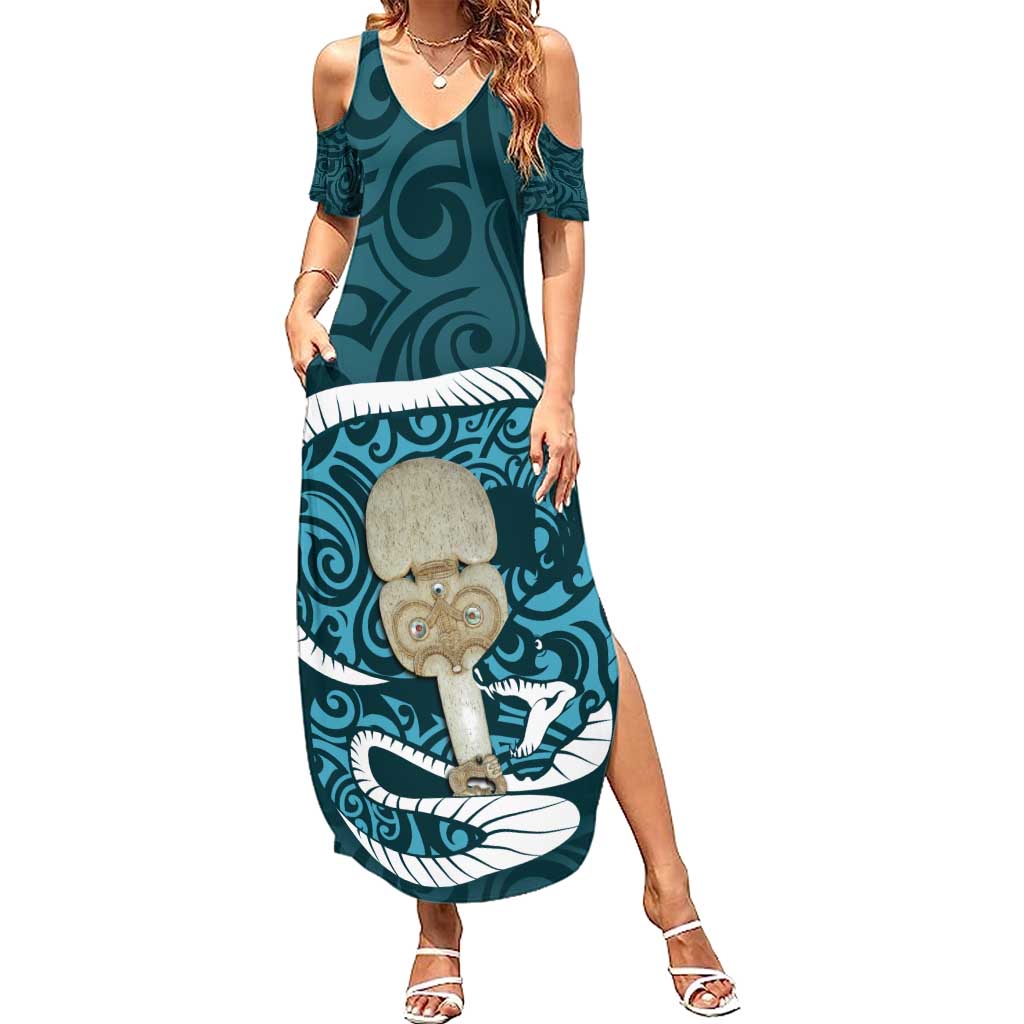 Turquoise New Zealand Eel Summer Maxi Dress Aotearoa Maori Tuna With Kotiate Weapon