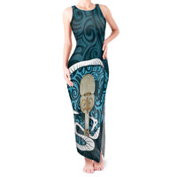 Turquoise New Zealand Eel Tank Maxi Dress Aotearoa Maori Tuna With Kotiate Weapon
