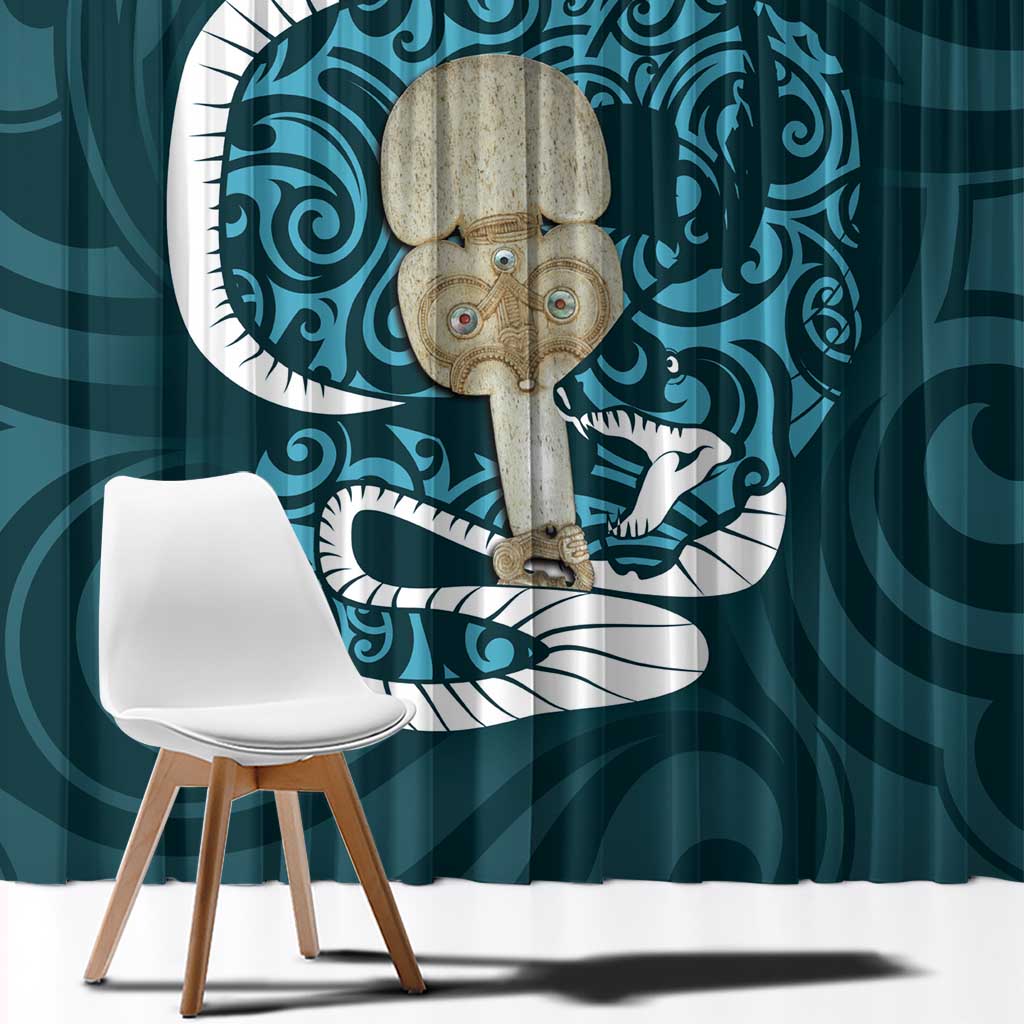 Turquoise New Zealand Eel Window Curtain Aotearoa Maori Tuna With Kotiate Weapon