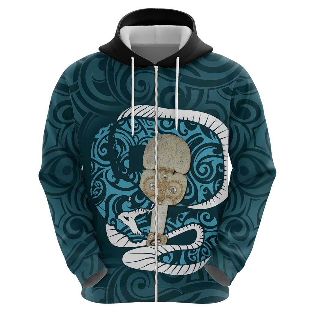Turquoise New Zealand Eel Zip Hoodie Aotearoa Maori Tuna With Kotiate Weapon LT14 - Polynesian Pride