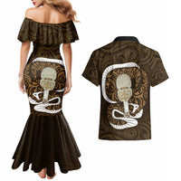 Gold New Zealand Eel Couples Matching Mermaid Dress and Hawaiian Shirt Aotearoa Maori Tuna With Kotiate Weapon LT14 - Polynesian Pride