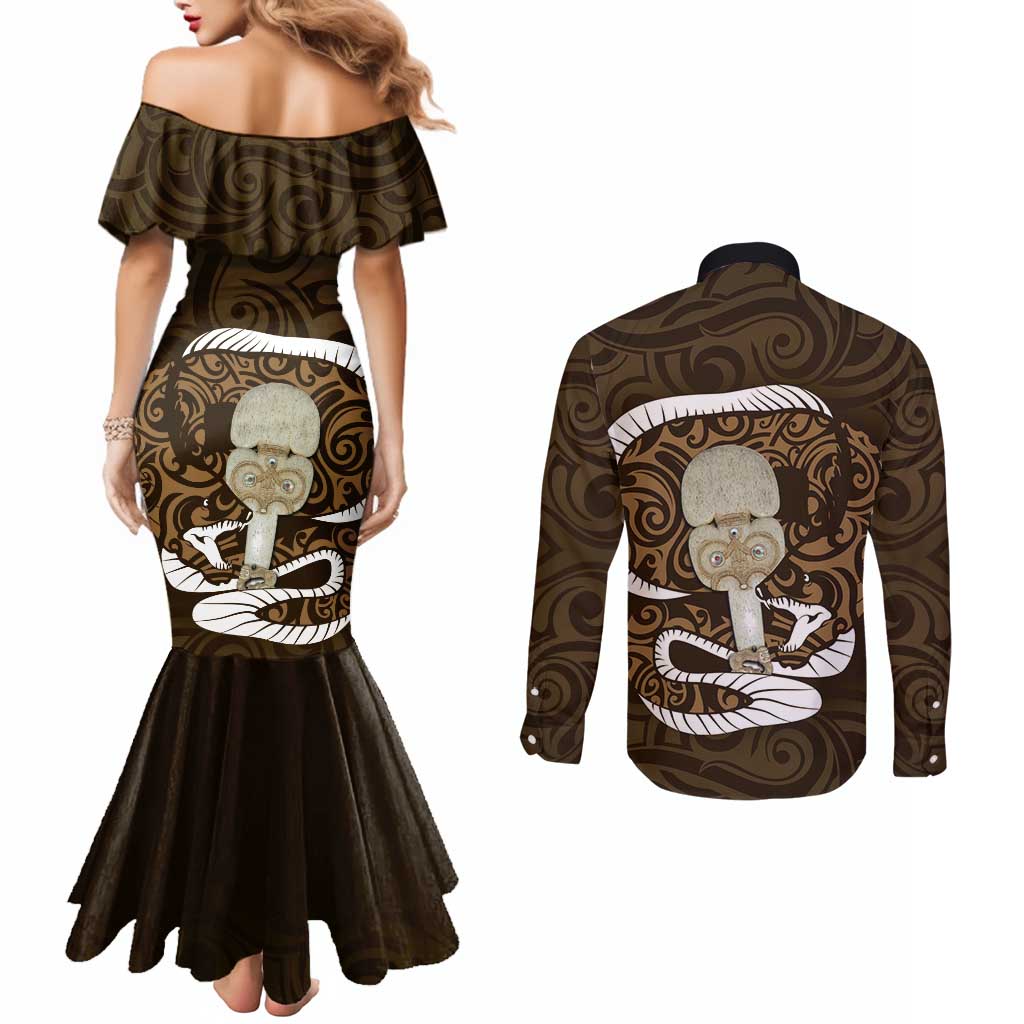 Gold New Zealand Eel Couples Matching Mermaid Dress and Long Sleeve Button Shirt Aotearoa Maori Tuna With Kotiate Weapon LT14 - Polynesian Pride