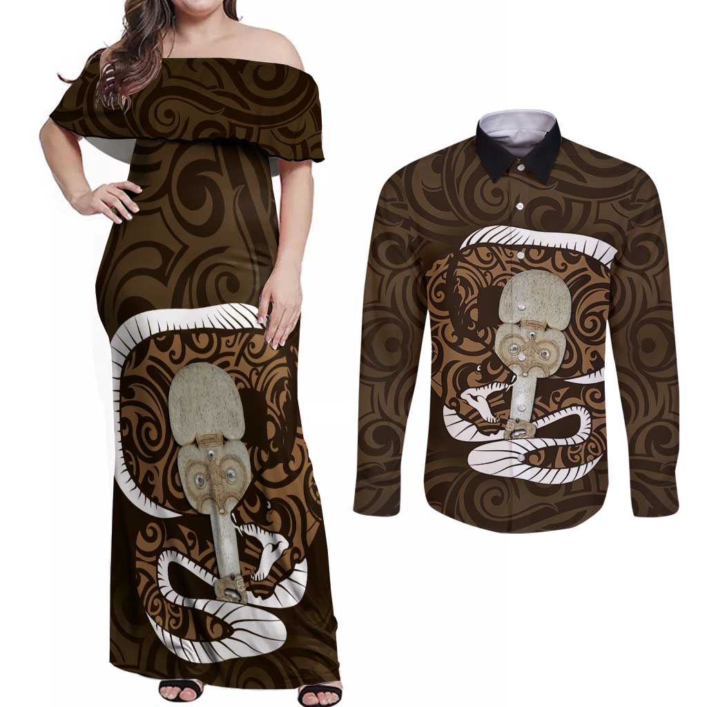 Gold New Zealand Eel Couples Matching Off Shoulder Maxi Dress and Long Sleeve Button Shirt Aotearoa Maori Tuna With Kotiate Weapon LT14 Gold - Polynesian Pride