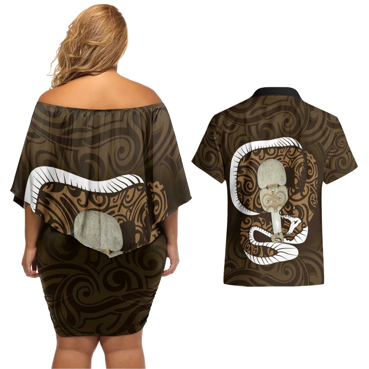 Gold New Zealand Eel Couples Matching Off Shoulder Short Dress and Hawaiian Shirt Aotearoa Maori Tuna With Kotiate Weapon LT14 - Polynesian Pride