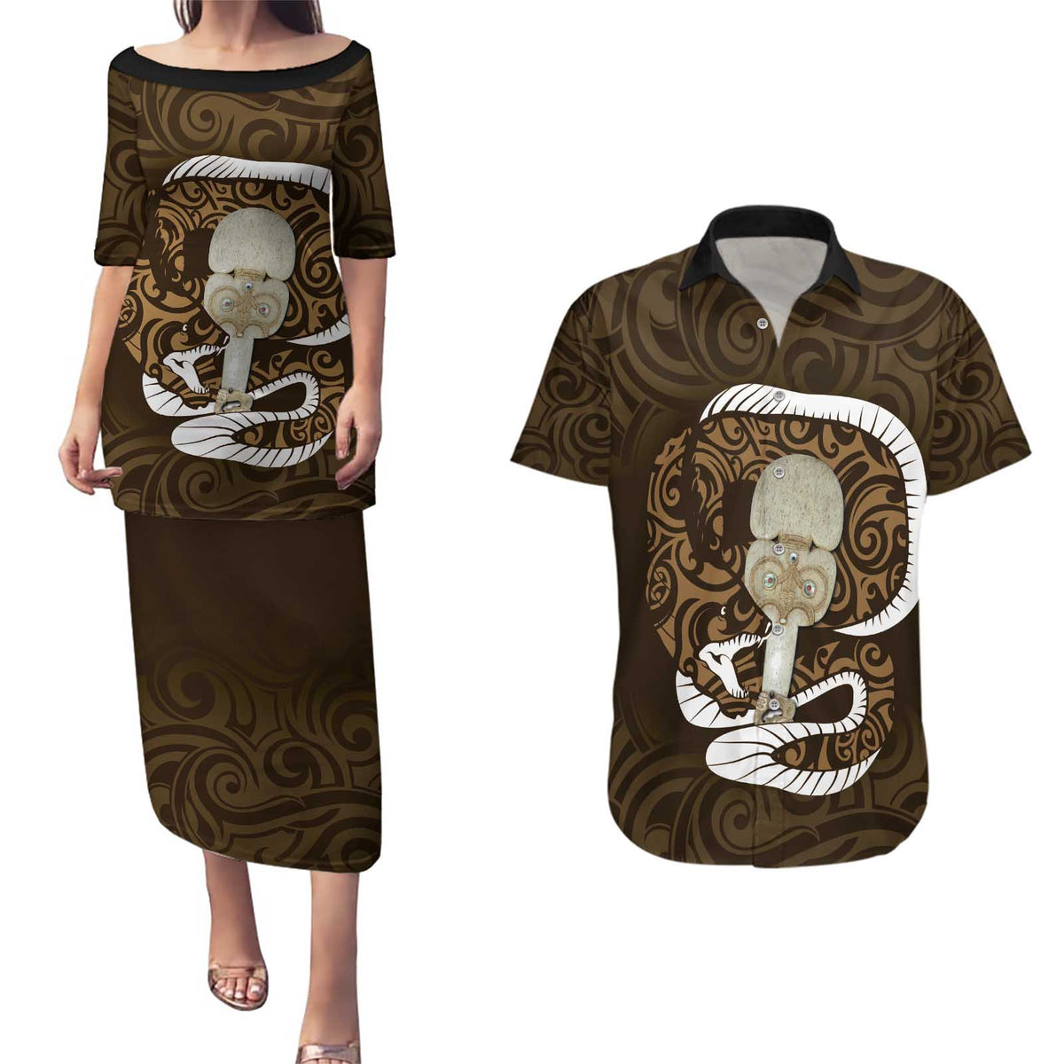 Gold New Zealand Eel Couples Matching Puletasi and Hawaiian Shirt Aotearoa Maori Tuna With Kotiate Weapon LT14 Gold - Polynesian Pride