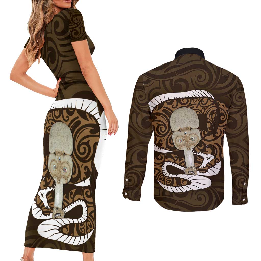 Gold New Zealand Eel Couples Matching Short Sleeve Bodycon Dress and Long Sleeve Button Shirt Aotearoa Maori Tuna With Kotiate Weapon LT14 - Polynesian Pride