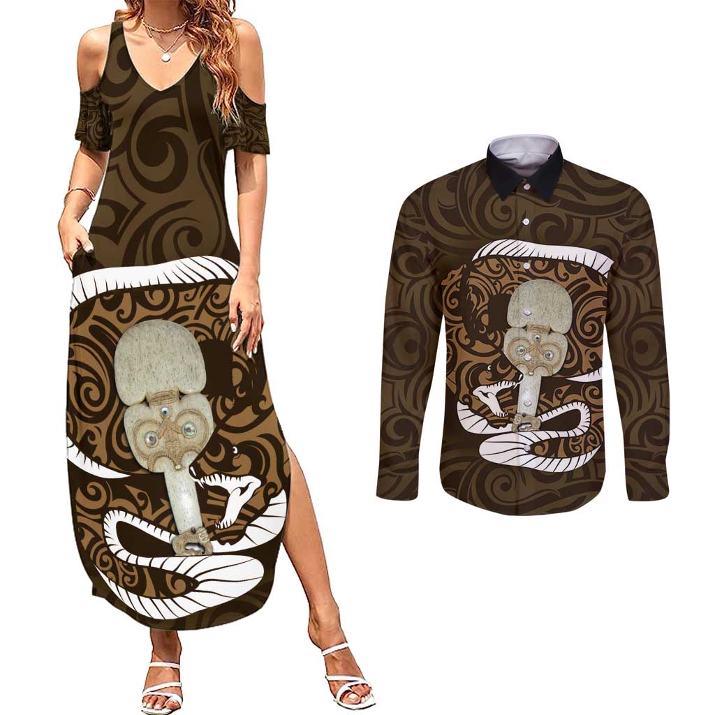 Gold New Zealand Eel Couples Matching Summer Maxi Dress and Long Sleeve Button Shirt Aotearoa Maori Tuna With Kotiate Weapon LT14 Gold - Polynesian Pride