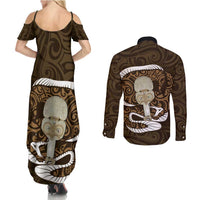 Gold New Zealand Eel Couples Matching Summer Maxi Dress and Long Sleeve Button Shirt Aotearoa Maori Tuna With Kotiate Weapon LT14 - Polynesian Pride