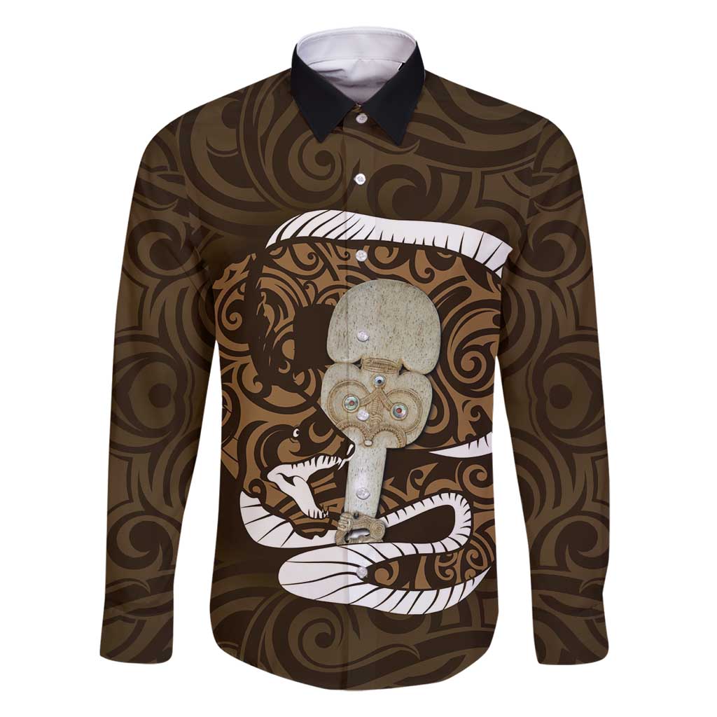 Gold New Zealand Eel Family Matching Long Sleeve Bodycon Dress and Hawaiian Shirt Aotearoa Maori Tuna With Kotiate Weapon LT14 Dad's Shirt - Long Sleeve Gold - Polynesian Pride