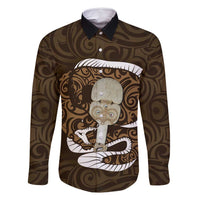 Gold New Zealand Eel Family Matching Long Sleeve Bodycon Dress and Hawaiian Shirt Aotearoa Maori Tuna With Kotiate Weapon LT14 Dad's Shirt - Long Sleeve Gold - Polynesian Pride
