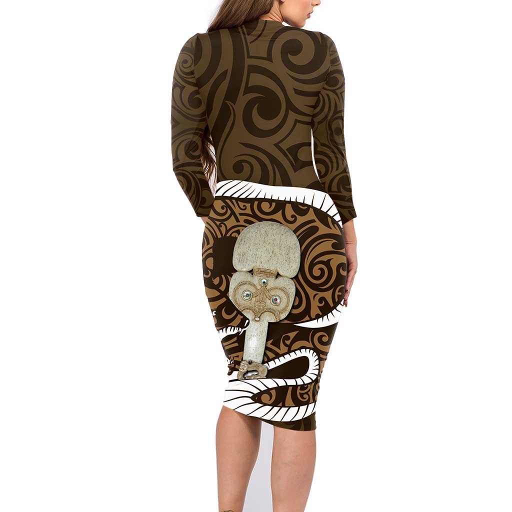 Gold New Zealand Eel Family Matching Long Sleeve Bodycon Dress and Hawaiian Shirt Aotearoa Maori Tuna With Kotiate Weapon LT14 - Polynesian Pride