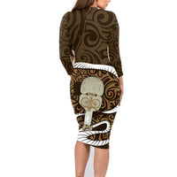 Gold New Zealand Eel Family Matching Long Sleeve Bodycon Dress and Hawaiian Shirt Aotearoa Maori Tuna With Kotiate Weapon LT14 - Polynesian Pride