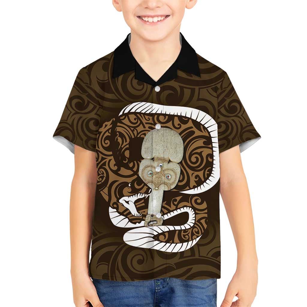 Gold New Zealand Eel Family Matching Long Sleeve Bodycon Dress and Hawaiian Shirt Aotearoa Maori Tuna With Kotiate Weapon LT14 Son's Shirt Gold - Polynesian Pride