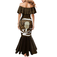 Gold New Zealand Eel Family Matching Mermaid Dress and Hawaiian Shirt Aotearoa Maori Tuna With Kotiate Weapon LT14 - Polynesian Pride