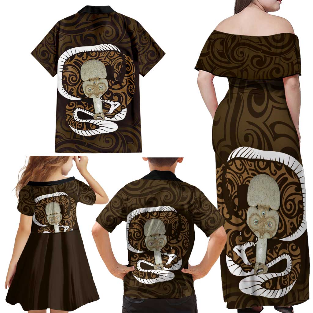 Gold New Zealand Eel Family Matching Off Shoulder Maxi Dress and Hawaiian Shirt Aotearoa Maori Tuna With Kotiate Weapon LT14 - Polynesian Pride