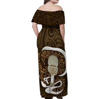 Gold New Zealand Eel Family Matching Off Shoulder Maxi Dress and Hawaiian Shirt Aotearoa Maori Tuna With Kotiate Weapon LT14 - Polynesian Pride
