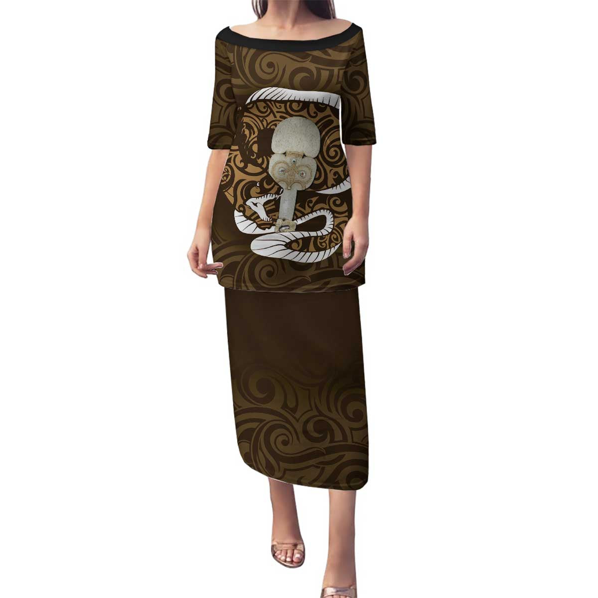 Gold New Zealand Eel Family Matching Puletasi and Hawaiian Shirt Aotearoa Maori Tuna With Kotiate Weapon LT14 Mom's Dress Gold - Polynesian Pride