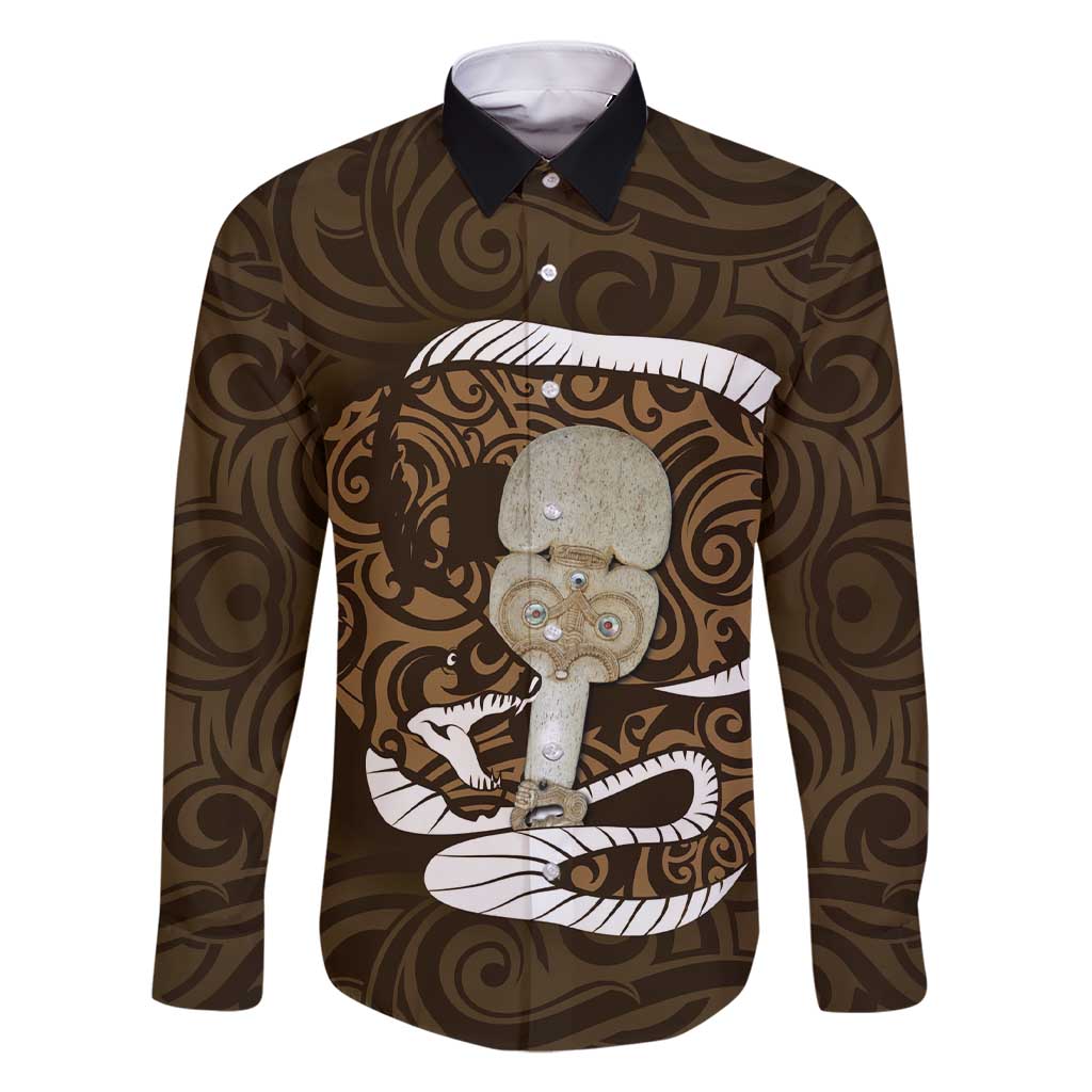 Gold New Zealand Eel Family Matching Short Sleeve Bodycon Dress and Hawaiian Shirt Aotearoa Maori Tuna With Kotiate Weapon LT14 Dad's Shirt - Long Sleeve Gold - Polynesian Pride