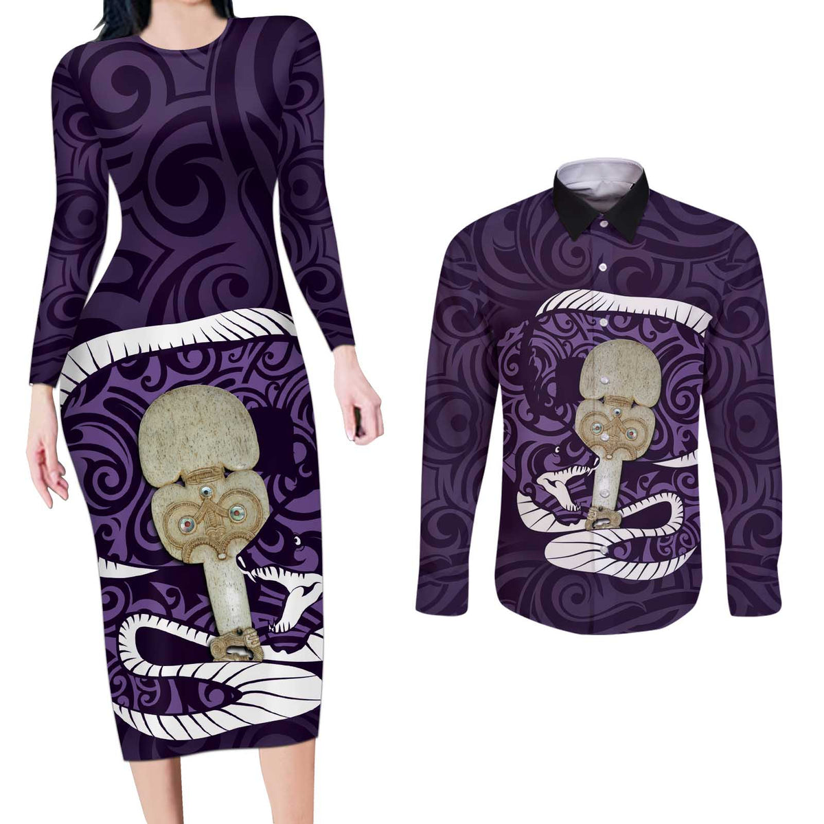 Purple New Zealand Eel Couples Matching Long Sleeve Bodycon Dress and Long Sleeve Button Shirt Aotearoa Maori Tuna With Kotiate Weapon LT14 Purple - Polynesian Pride