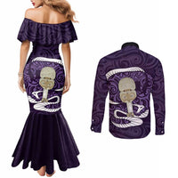 Purple New Zealand Eel Couples Matching Mermaid Dress and Long Sleeve Button Shirt Aotearoa Maori Tuna With Kotiate Weapon LT14 - Polynesian Pride