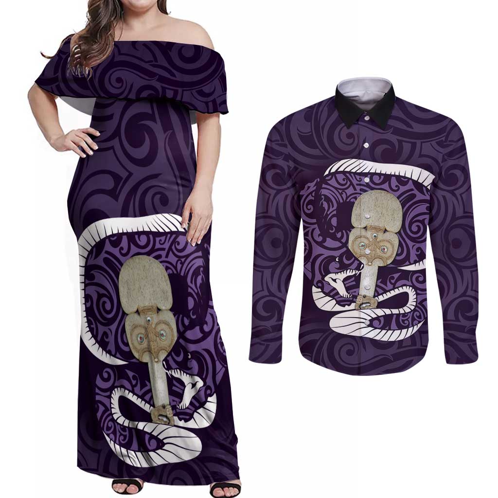 Purple New Zealand Eel Couples Matching Off Shoulder Maxi Dress and Long Sleeve Button Shirt Aotearoa Maori Tuna With Kotiate Weapon LT14 Purple - Polynesian Pride