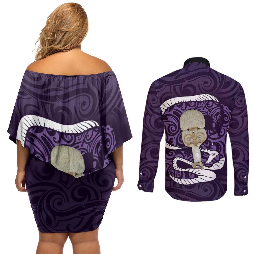 Purple New Zealand Eel Couples Matching Off Shoulder Short Dress and Long Sleeve Button Shirt Aotearoa Maori Tuna With Kotiate Weapon LT14 - Polynesian Pride