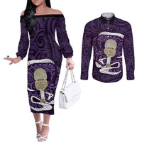 Purple New Zealand Eel Couples Matching Off The Shoulder Long Sleeve Dress and Long Sleeve Button Shirt Aotearoa Maori Tuna With Kotiate Weapon LT14 Purple - Polynesian Pride
