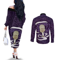 Purple New Zealand Eel Couples Matching Off The Shoulder Long Sleeve Dress and Long Sleeve Button Shirt Aotearoa Maori Tuna With Kotiate Weapon LT14 - Polynesian Pride