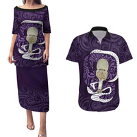 Purple New Zealand Eel Couples Matching Puletasi and Hawaiian Shirt Aotearoa Maori Tuna With Kotiate Weapon LT14 Purple - Polynesian Pride