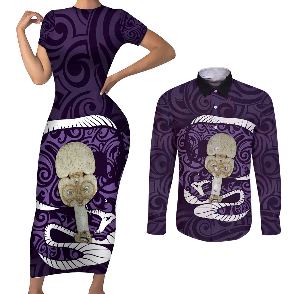 Purple New Zealand Eel Couples Matching Short Sleeve Bodycon Dress and Long Sleeve Button Shirt Aotearoa Maori Tuna With Kotiate Weapon LT14 Purple - Polynesian Pride