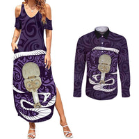 Purple New Zealand Eel Couples Matching Summer Maxi Dress and Long Sleeve Button Shirt Aotearoa Maori Tuna With Kotiate Weapon LT14 Purple - Polynesian Pride
