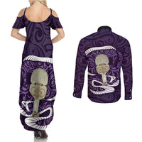 Purple New Zealand Eel Couples Matching Summer Maxi Dress and Long Sleeve Button Shirt Aotearoa Maori Tuna With Kotiate Weapon LT14 - Polynesian Pride