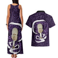 Purple New Zealand Eel Couples Matching Tank Maxi Dress and Hawaiian Shirt Aotearoa Maori Tuna With Kotiate Weapon LT14 - Polynesian Pride