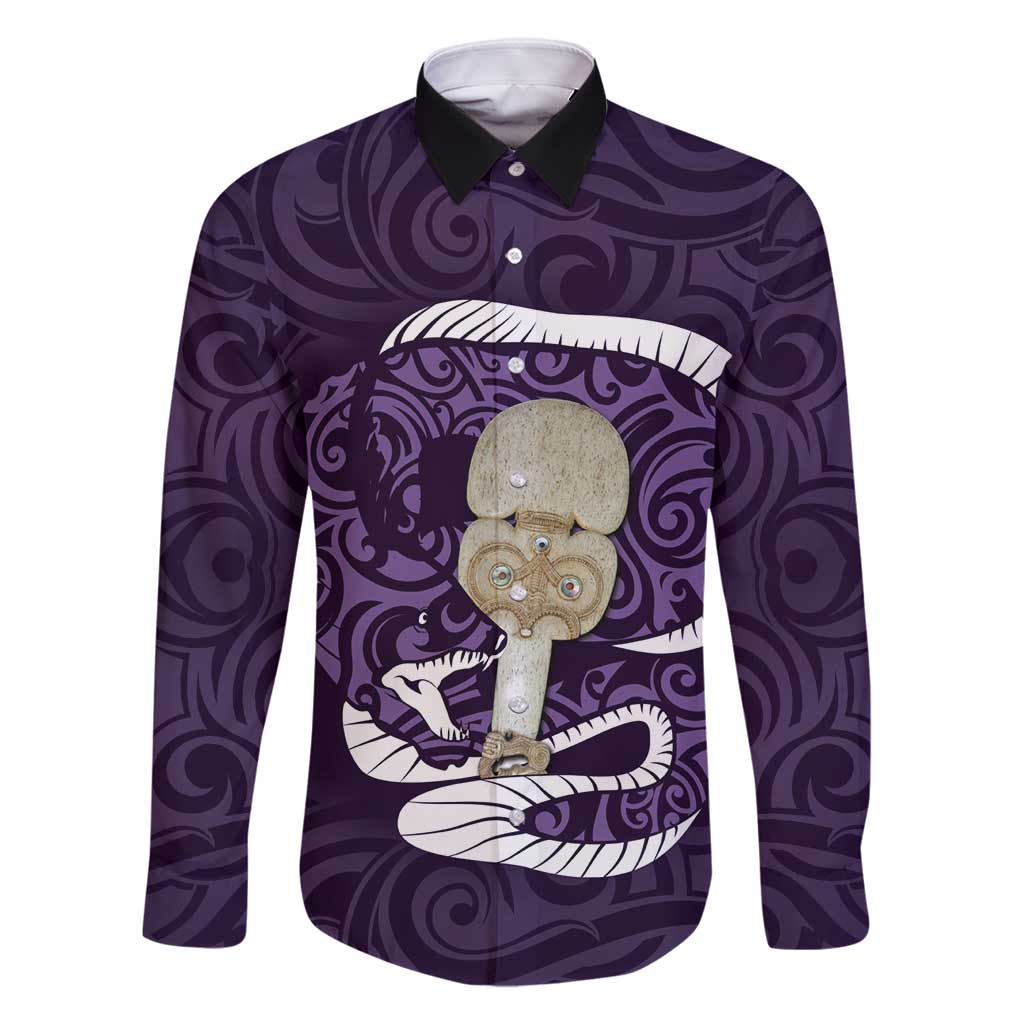 Purple New Zealand Eel Family Matching Mermaid Dress and Hawaiian Shirt Aotearoa Maori Tuna With Kotiate Weapon LT14 Dad's Shirt - Long Sleeve Purple - Polynesian Pride
