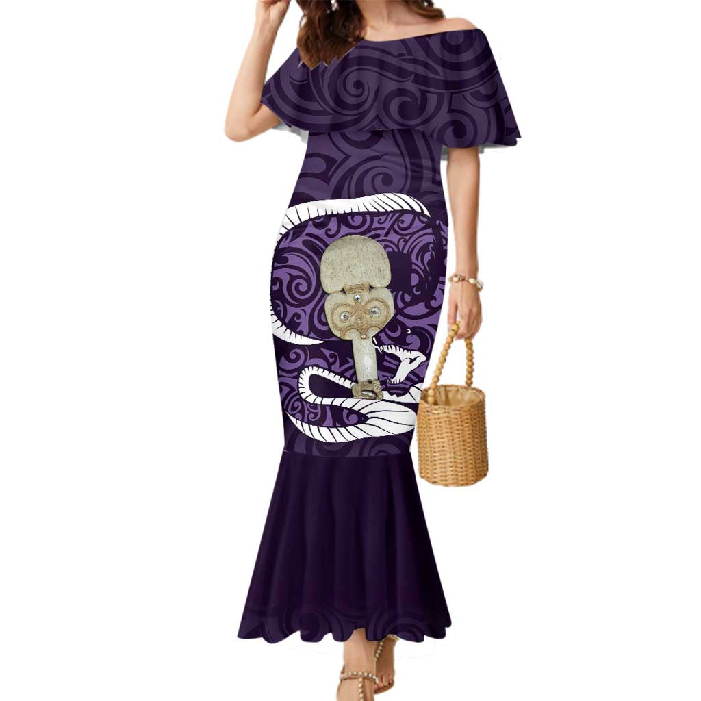 Purple New Zealand Eel Family Matching Mermaid Dress and Hawaiian Shirt Aotearoa Maori Tuna With Kotiate Weapon LT14 Mom's Dress Purple - Polynesian Pride