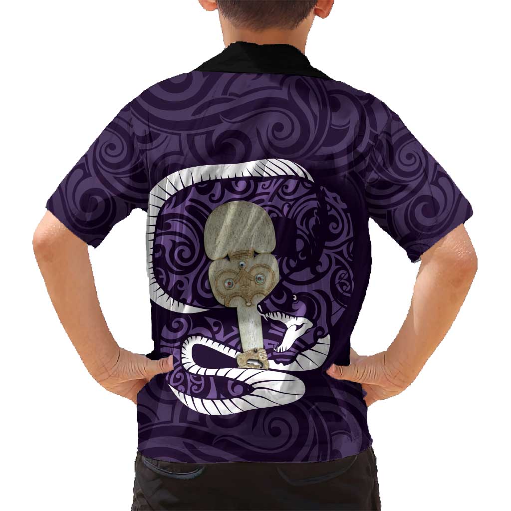 Purple New Zealand Eel Family Matching Off Shoulder Maxi Dress and Hawaiian Shirt Aotearoa Maori Tuna With Kotiate Weapon LT14 - Polynesian Pride