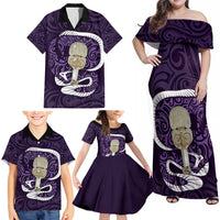 Purple New Zealand Eel Family Matching Off Shoulder Maxi Dress and Hawaiian Shirt Aotearoa Maori Tuna With Kotiate Weapon LT14 - Polynesian Pride