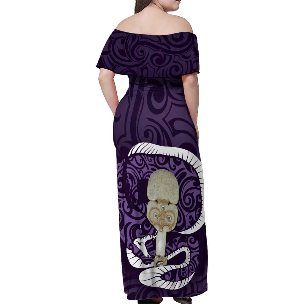 Purple New Zealand Eel Family Matching Off Shoulder Maxi Dress and Hawaiian Shirt Aotearoa Maori Tuna With Kotiate Weapon LT14 - Polynesian Pride