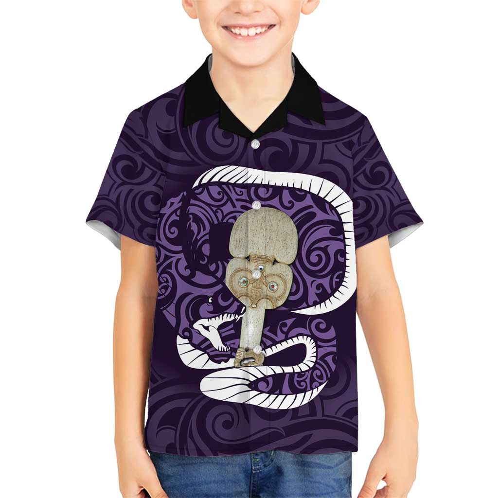 Purple New Zealand Eel Family Matching Off Shoulder Maxi Dress and Hawaiian Shirt Aotearoa Maori Tuna With Kotiate Weapon LT14 Son's Shirt Purple - Polynesian Pride