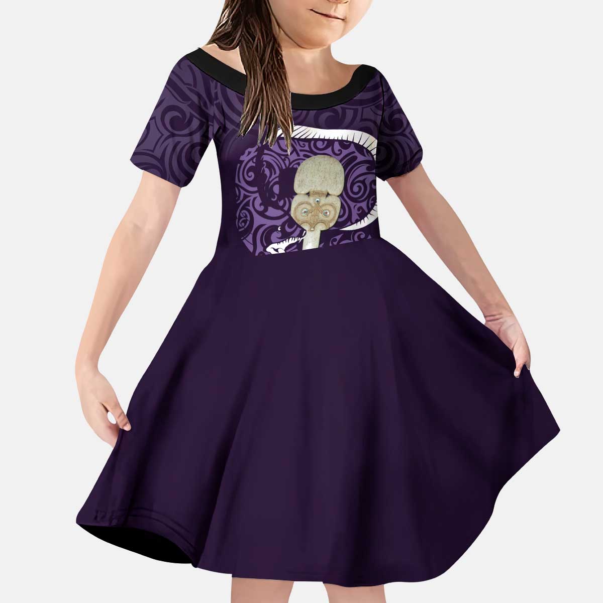 Purple New Zealand Eel Family Matching Puletasi and Hawaiian Shirt Aotearoa Maori Tuna With Kotiate Weapon LT14 Daughter's Dress Purple - Polynesian Pride